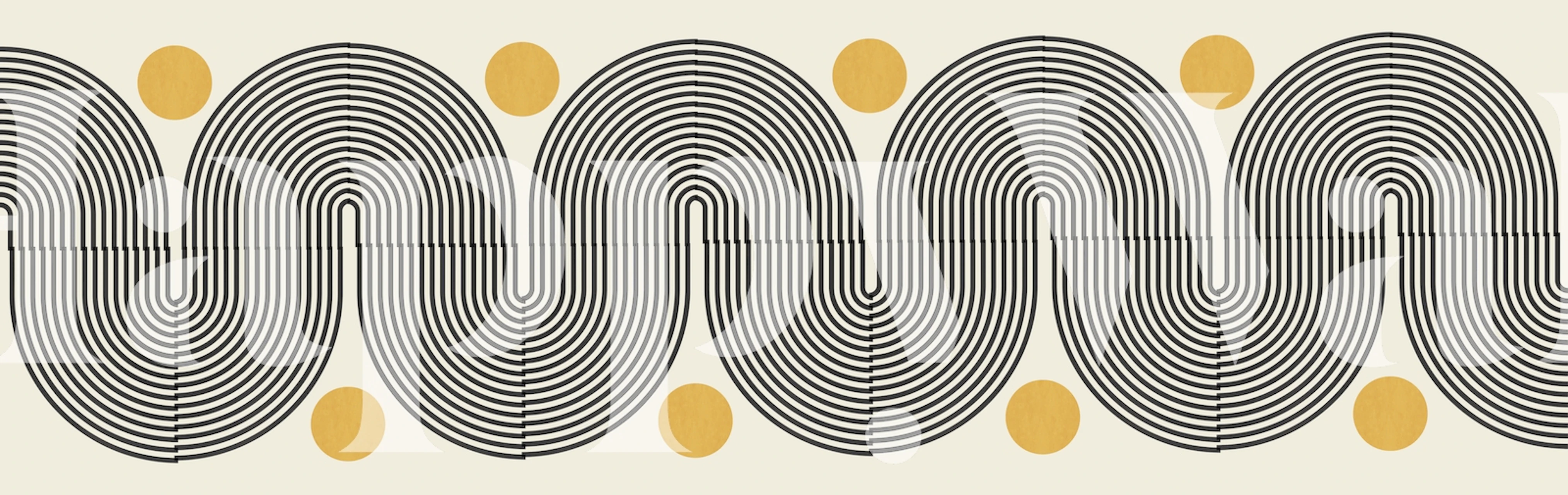 Fotomural abstracto con líneas semicirculares y patrón de círculos metálicos.