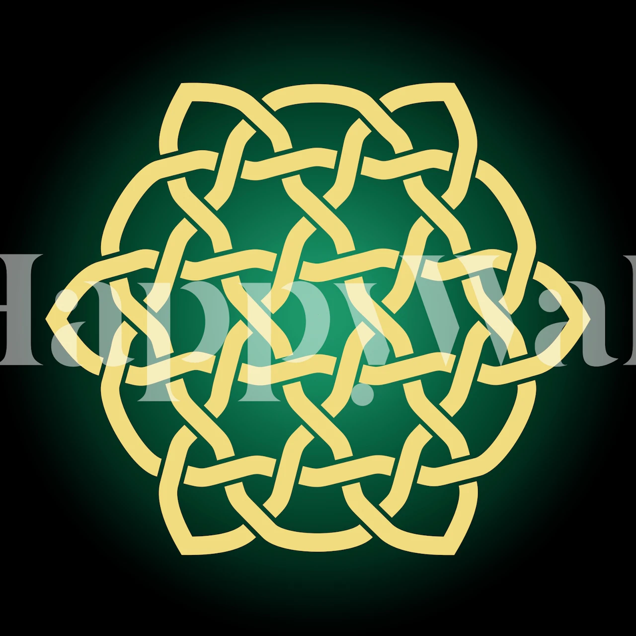 Celtic knot pattern wallpaper in black, green, gold