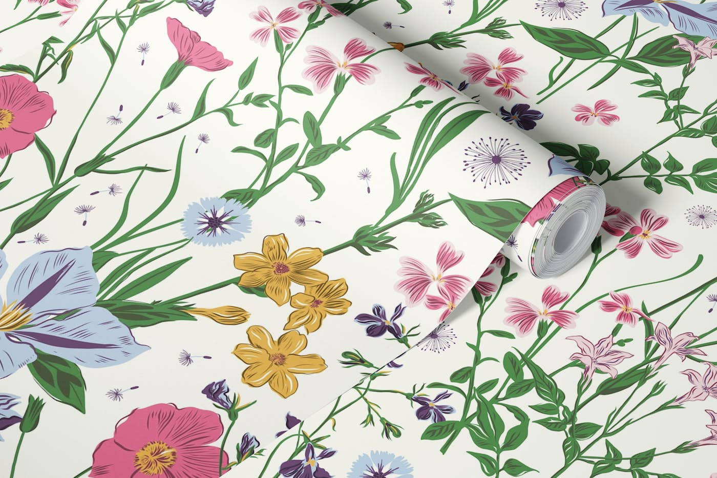 wild meadow flowers off-white wallpaper roll