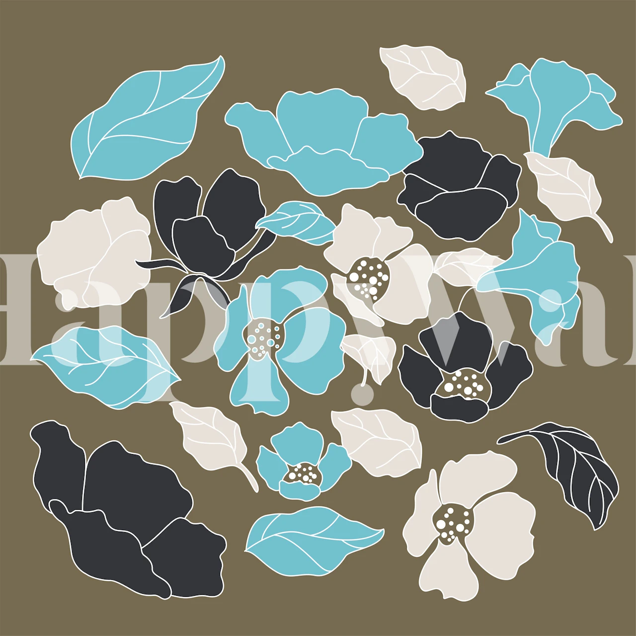 Floral pattern in earth tones, featuring blue, black, and cream flowers wallpaper