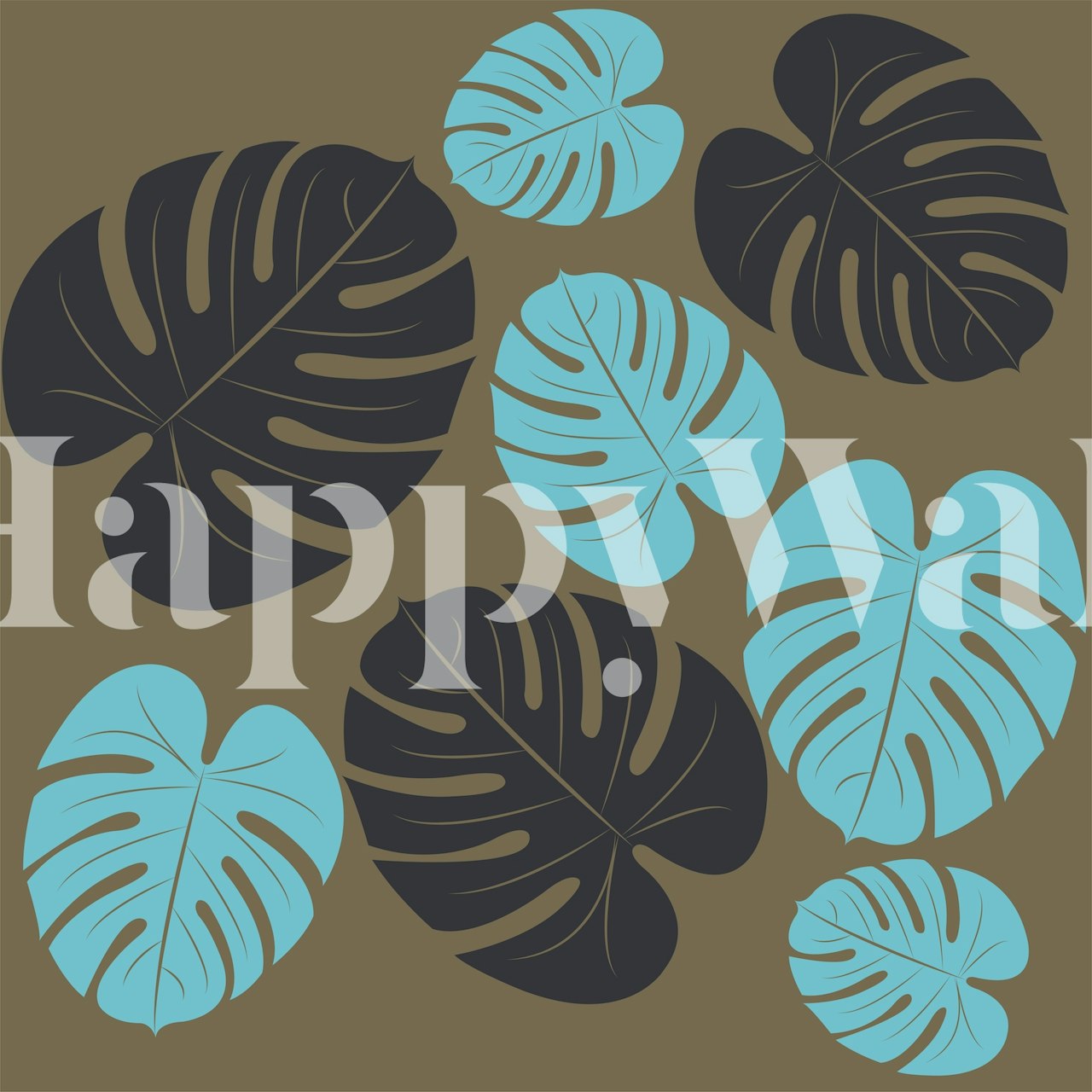 Tropical palm leaves in dark brown and aqua botanical wallpaper