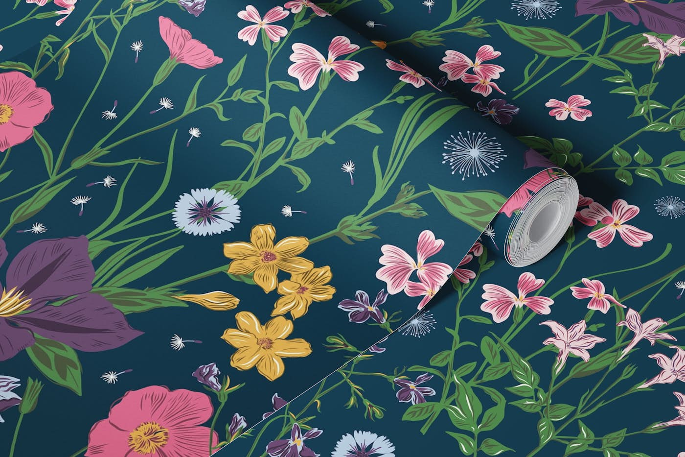 Wild meadow flowers dark teal blue wallpaper roll