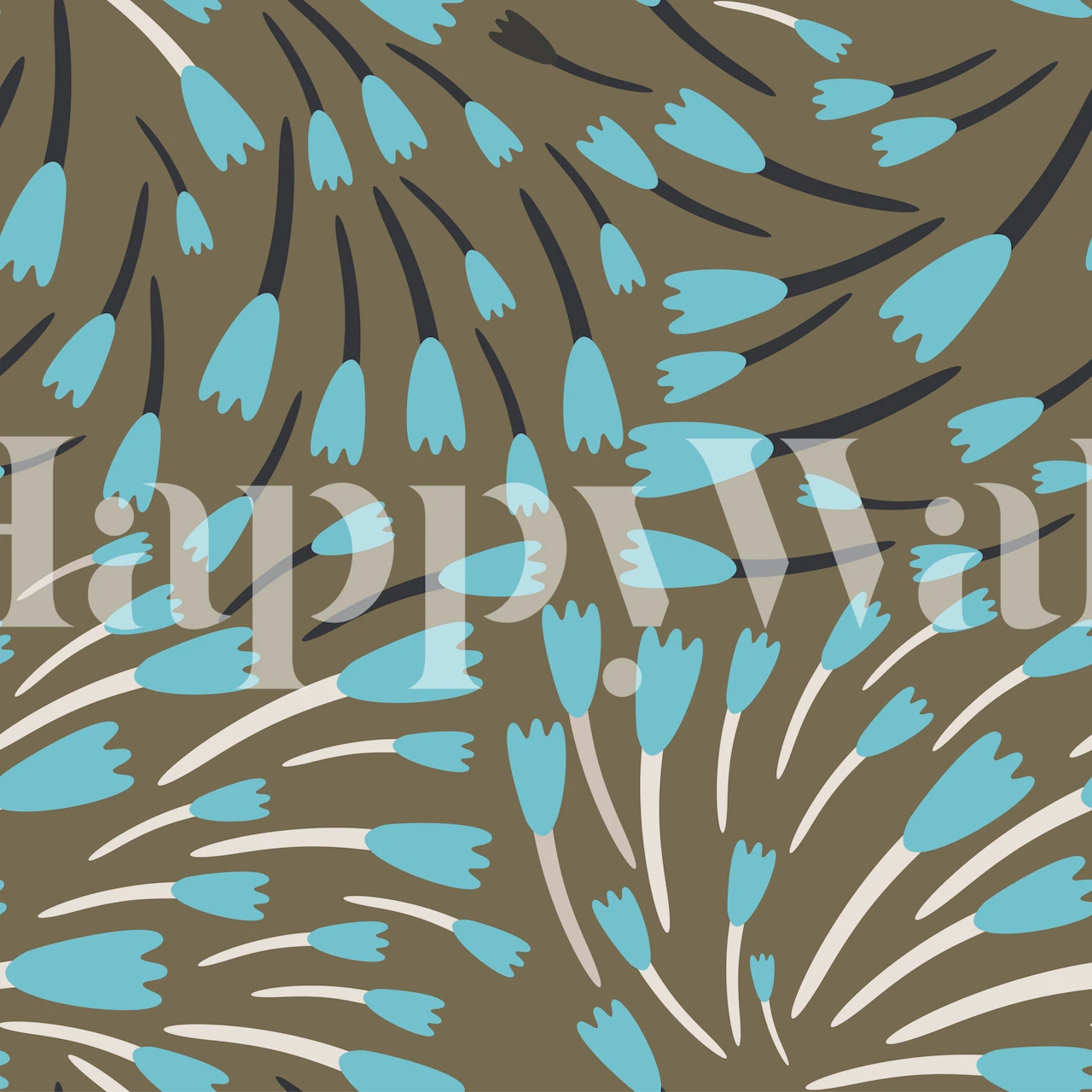 Stylized aqua blue tulips pattern on a grey background wall mural design