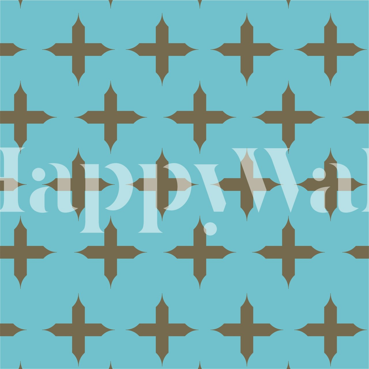 Teal blue and taupe cross pattern wallpaper in a room