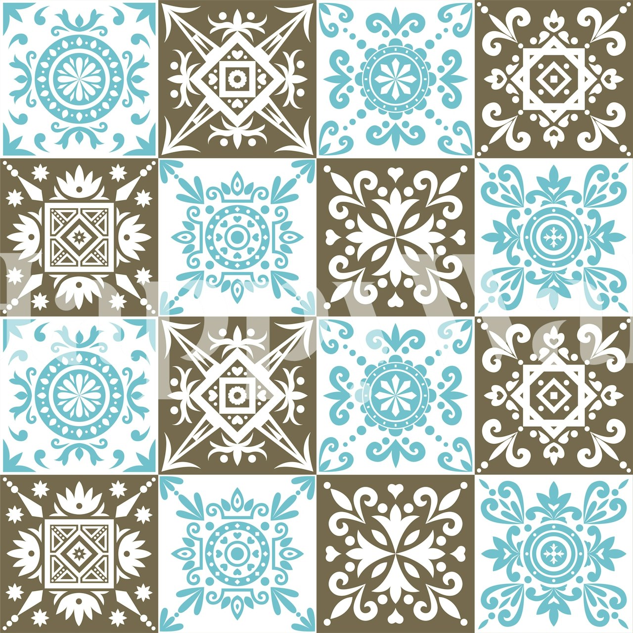 Turquoise and brown geometric tile design wallpaper.