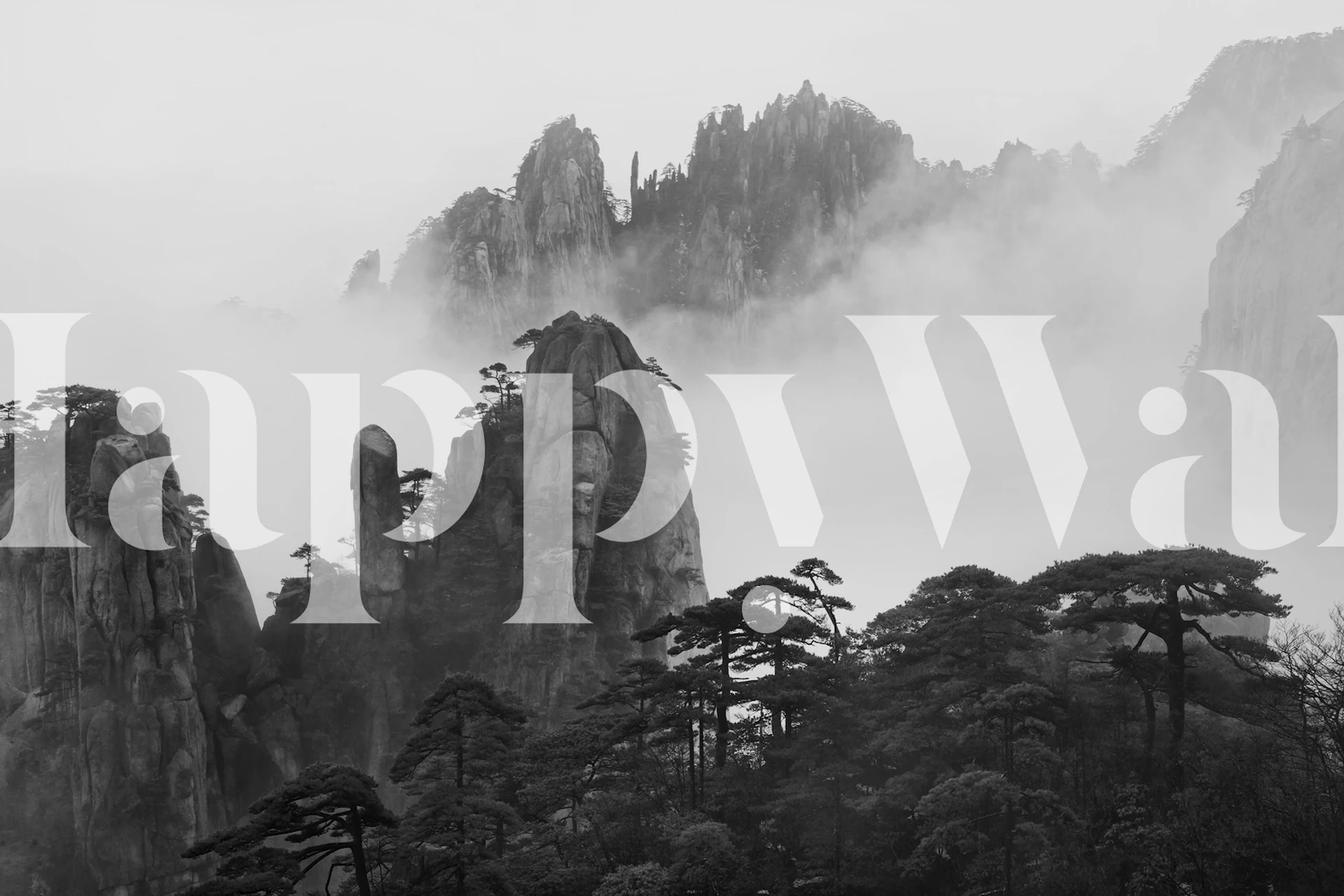 Huangshan mountain range wall mural in black and white