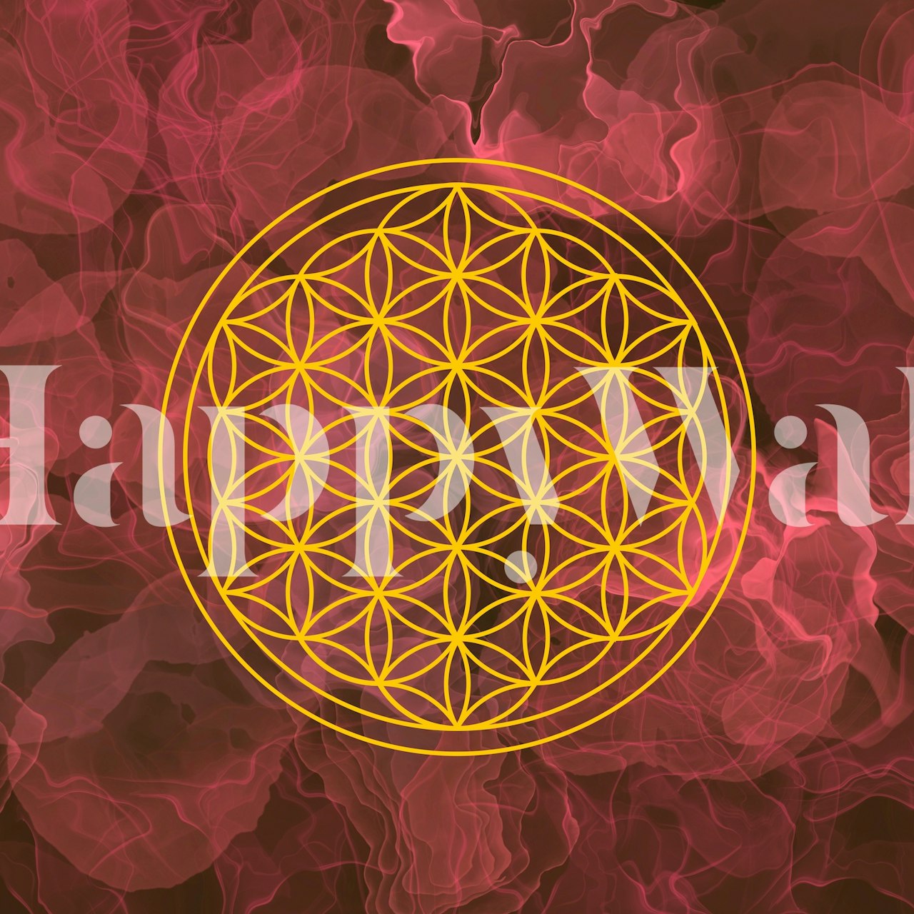Intricate Flower of Life symbol wall mural on a vibrant crimson background