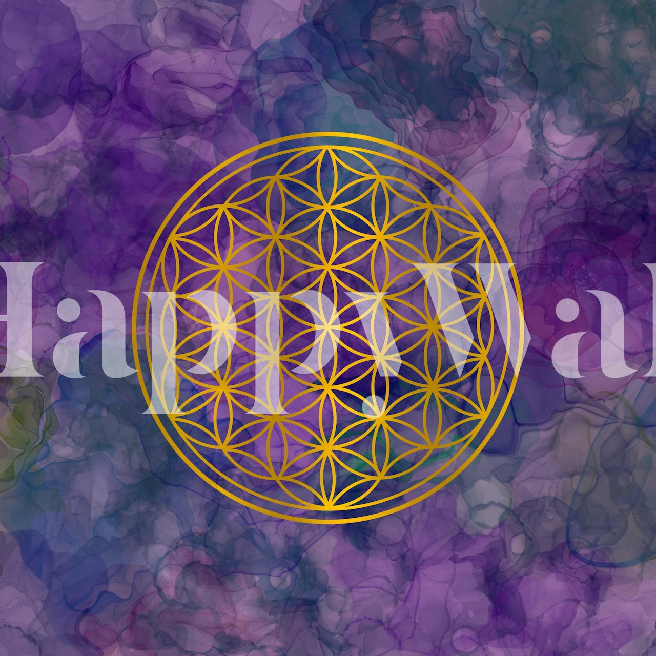Golden Flower of Life geometric pattern on purple background wallpaper