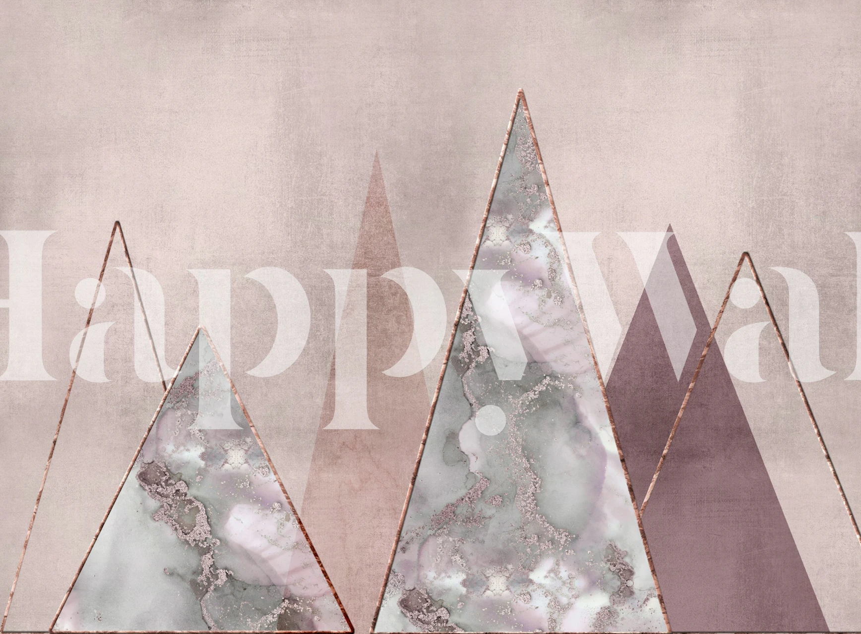 Pink geometric marble wallpaper featuring triangular shapes with rose gold outlines
