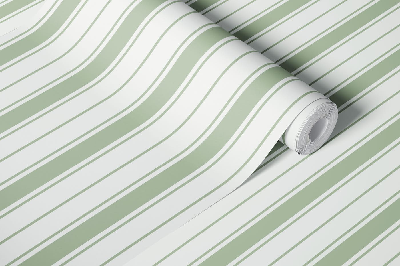 Coastal Stripes - Sage Green on White wallpaper roll