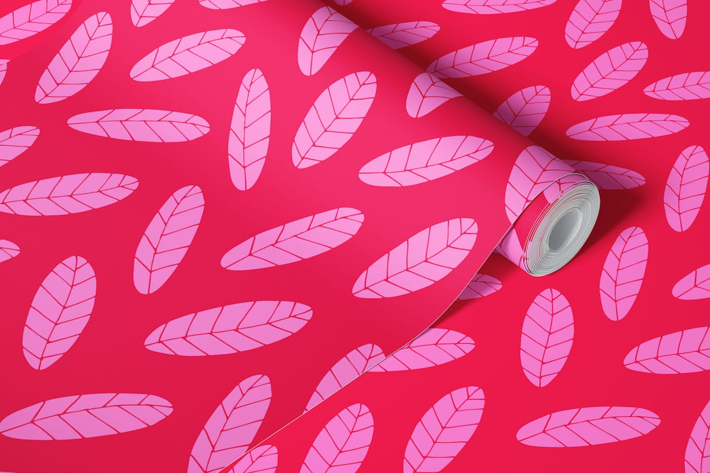 MOD LEAF Retro Scattered Leaves Pink Fuchsia wallpaper roll