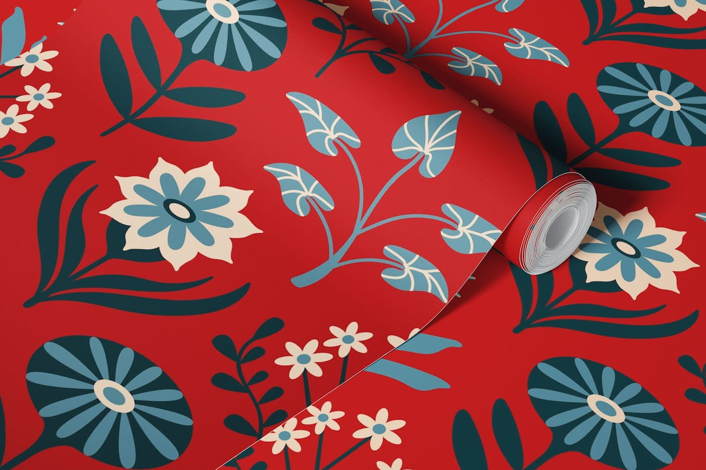 TAMI Mid-Century Scandi Retro Floral Deep Red wallpaper roll