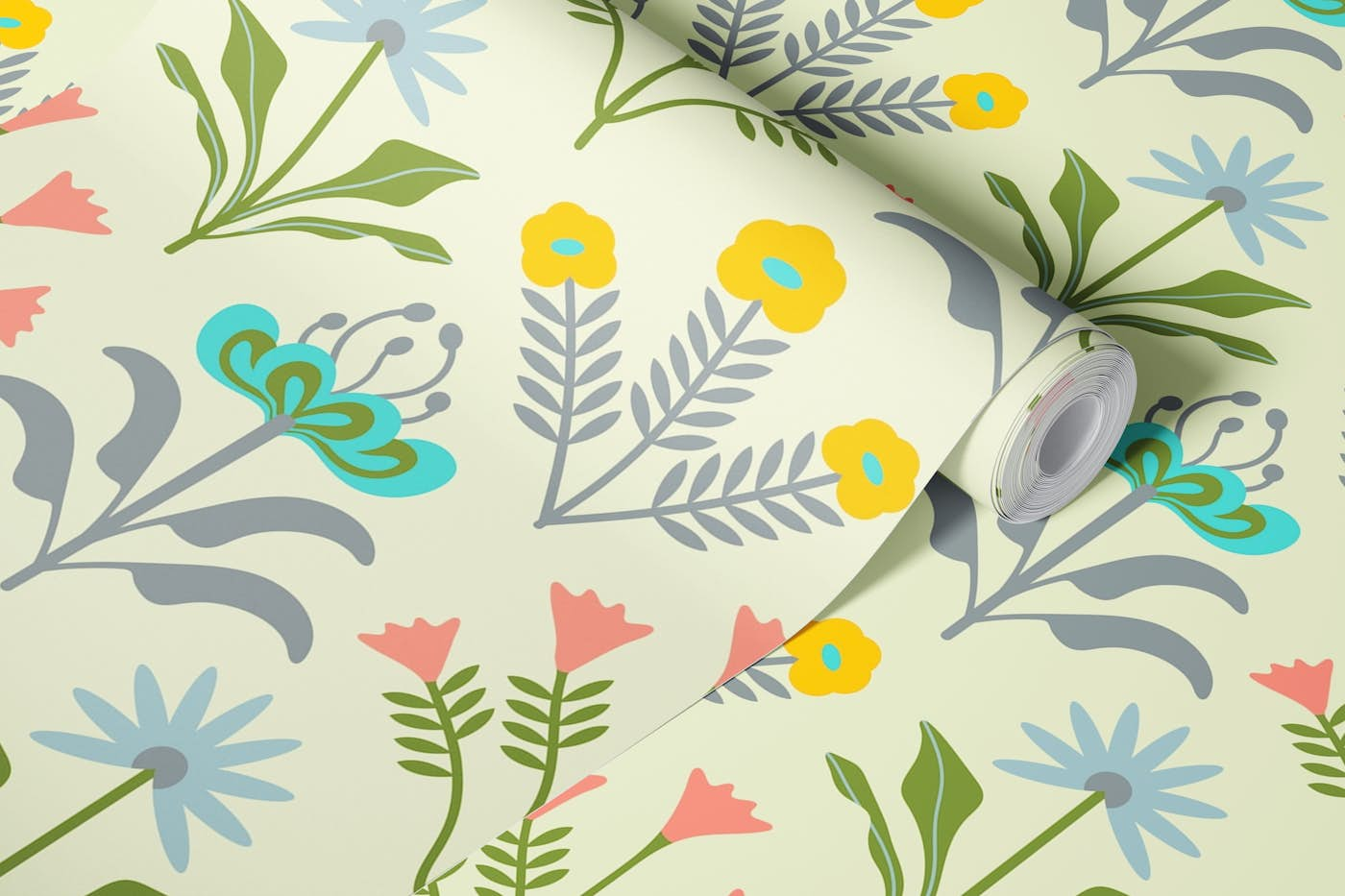 LORA Mid-Century Scandi Retro Floral Cream wallpaper roll