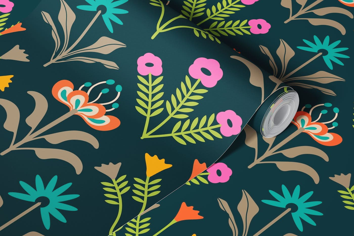 LORA Mid-Century Scandi Retro Floral Bright wallpaper roll