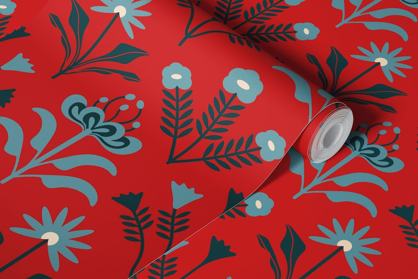 LORA Mid-Century Scandi Retro Floral Deep Red wallpaper roll