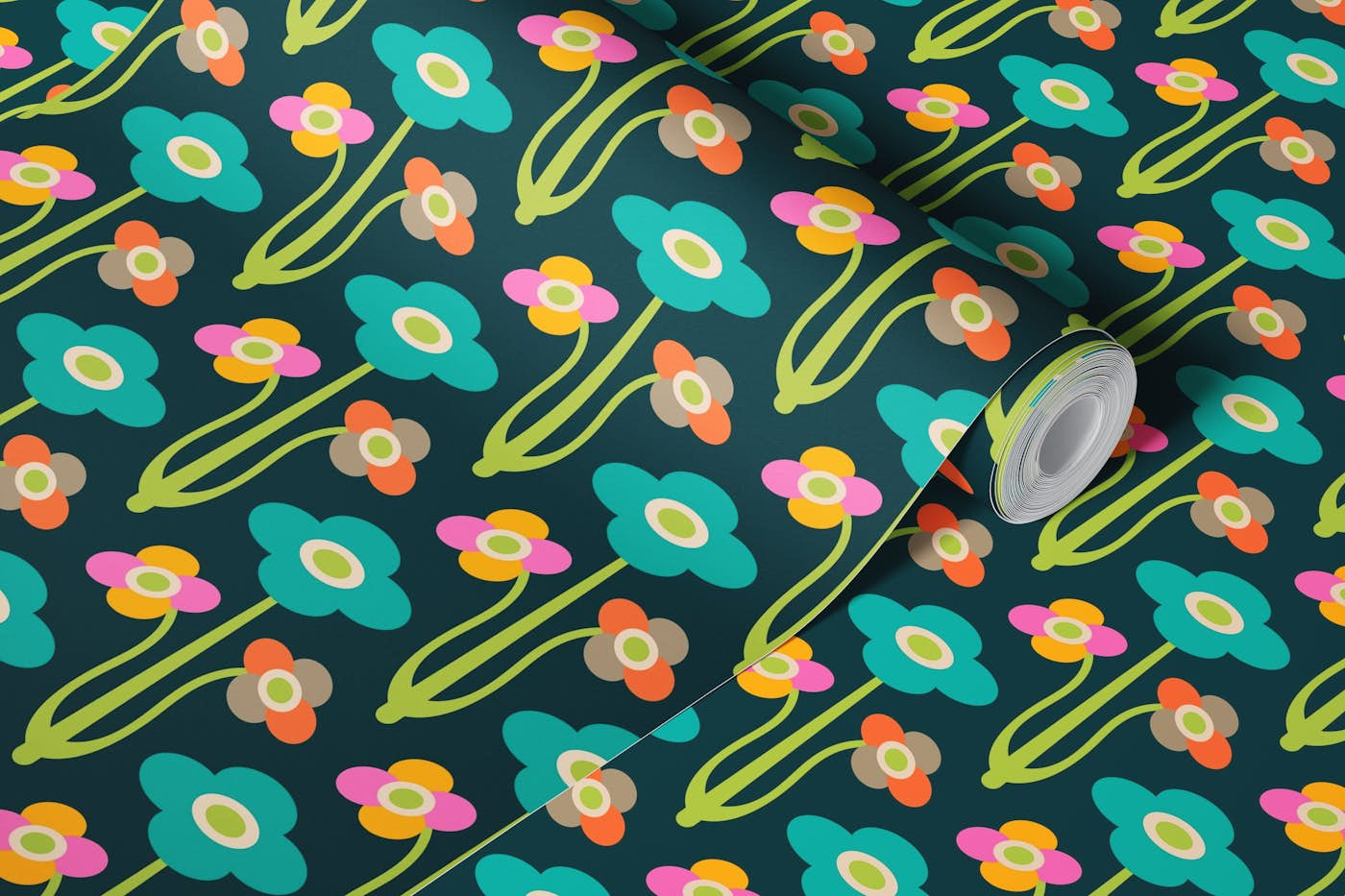 YVETTE Mid-Century Scandi Retro Floral Bright wallpaper roll