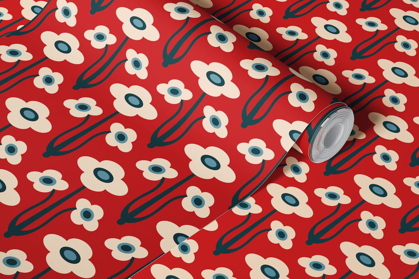 YVETTE Mid-Century Scandi Retro Floral Red wallpaper roll