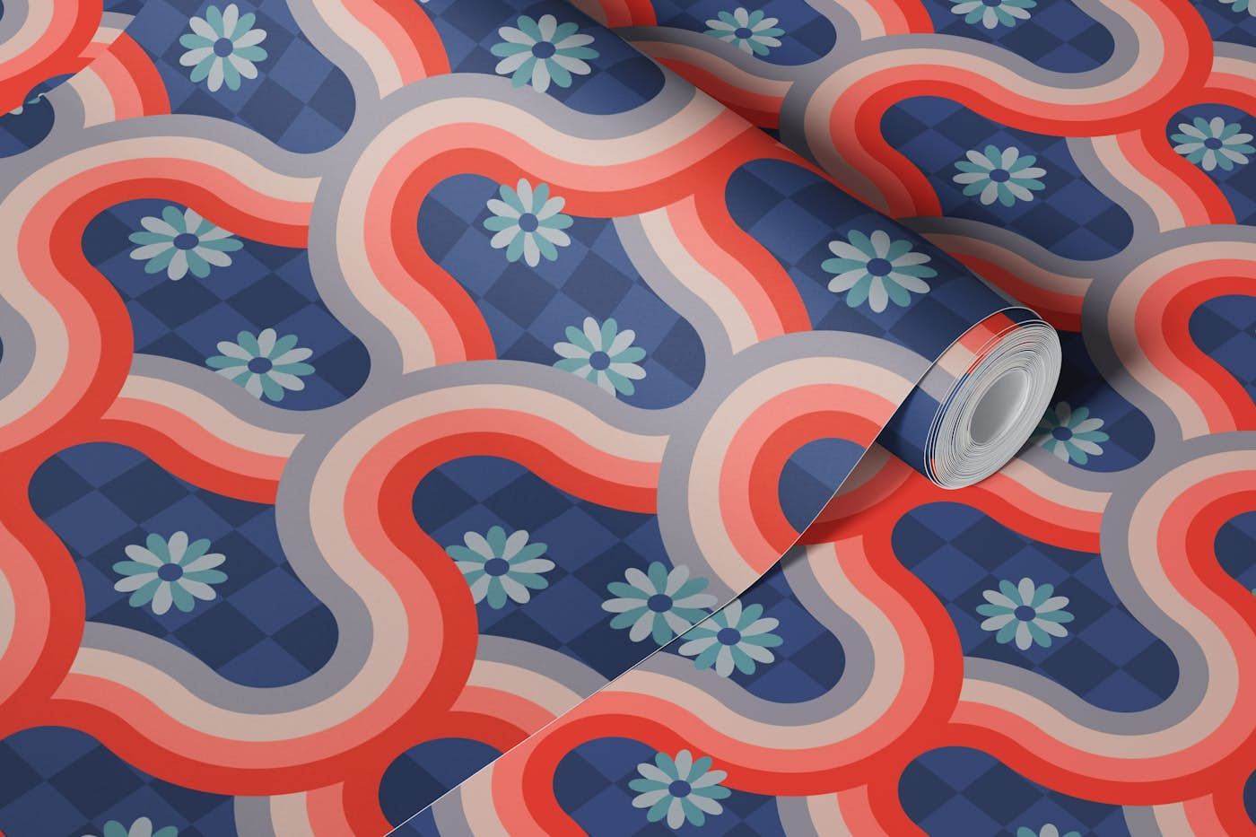 KYOTO Rainbow Wavy Stripe Floral - Rust Blue wallpaper roll