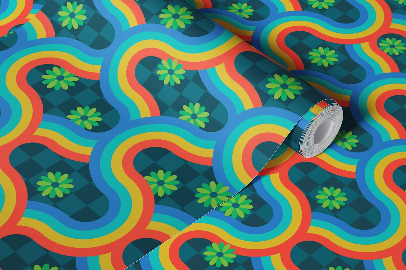 KYOTO Rainbow Wavy Stripe Floral Brights Teal wallpaper roll