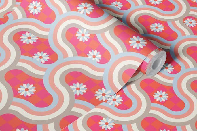 KYOTO Rainbow Wavy Stripe Floral Pastels Pinkwallpaper roll