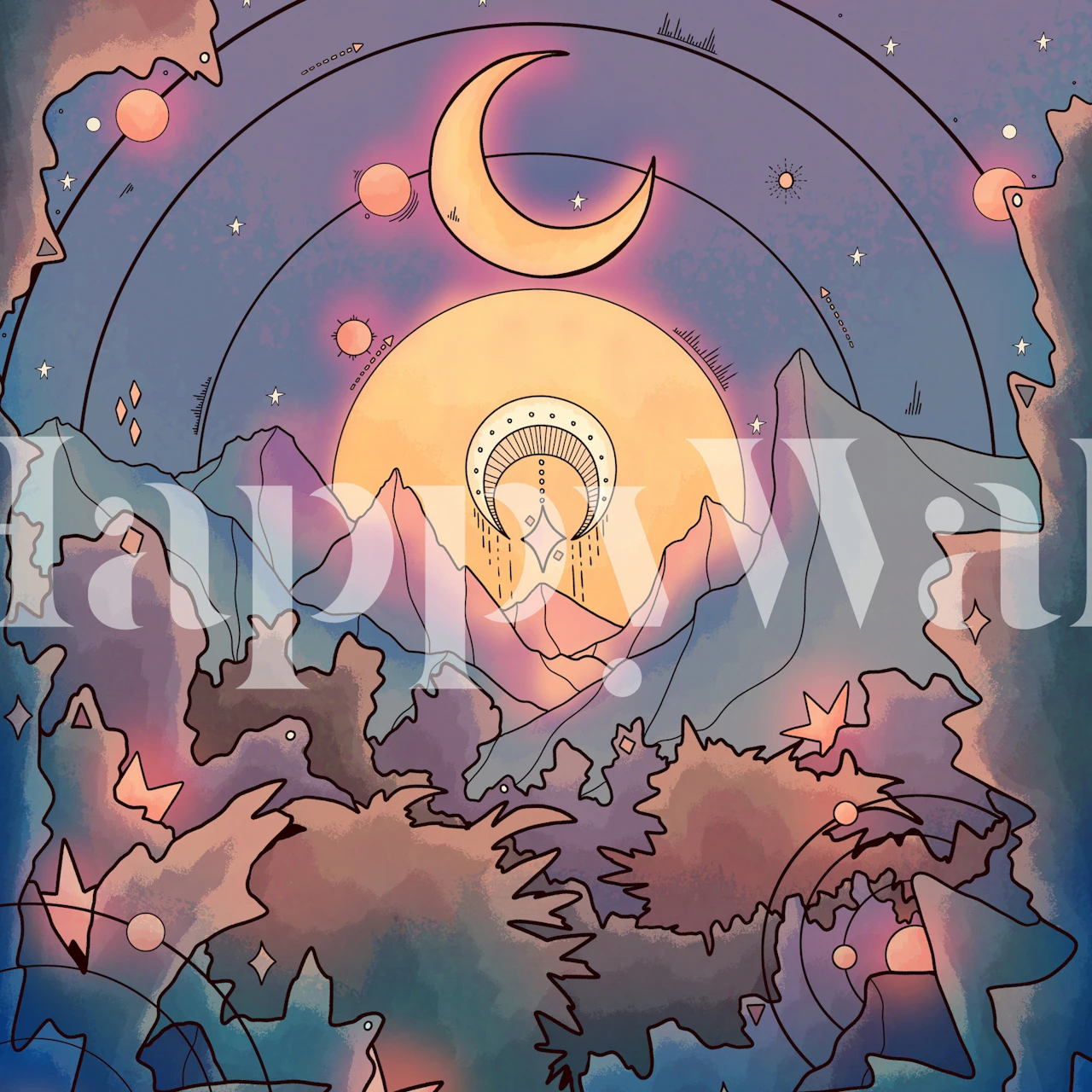 A nighttime forest design de papel de parede em um quarto