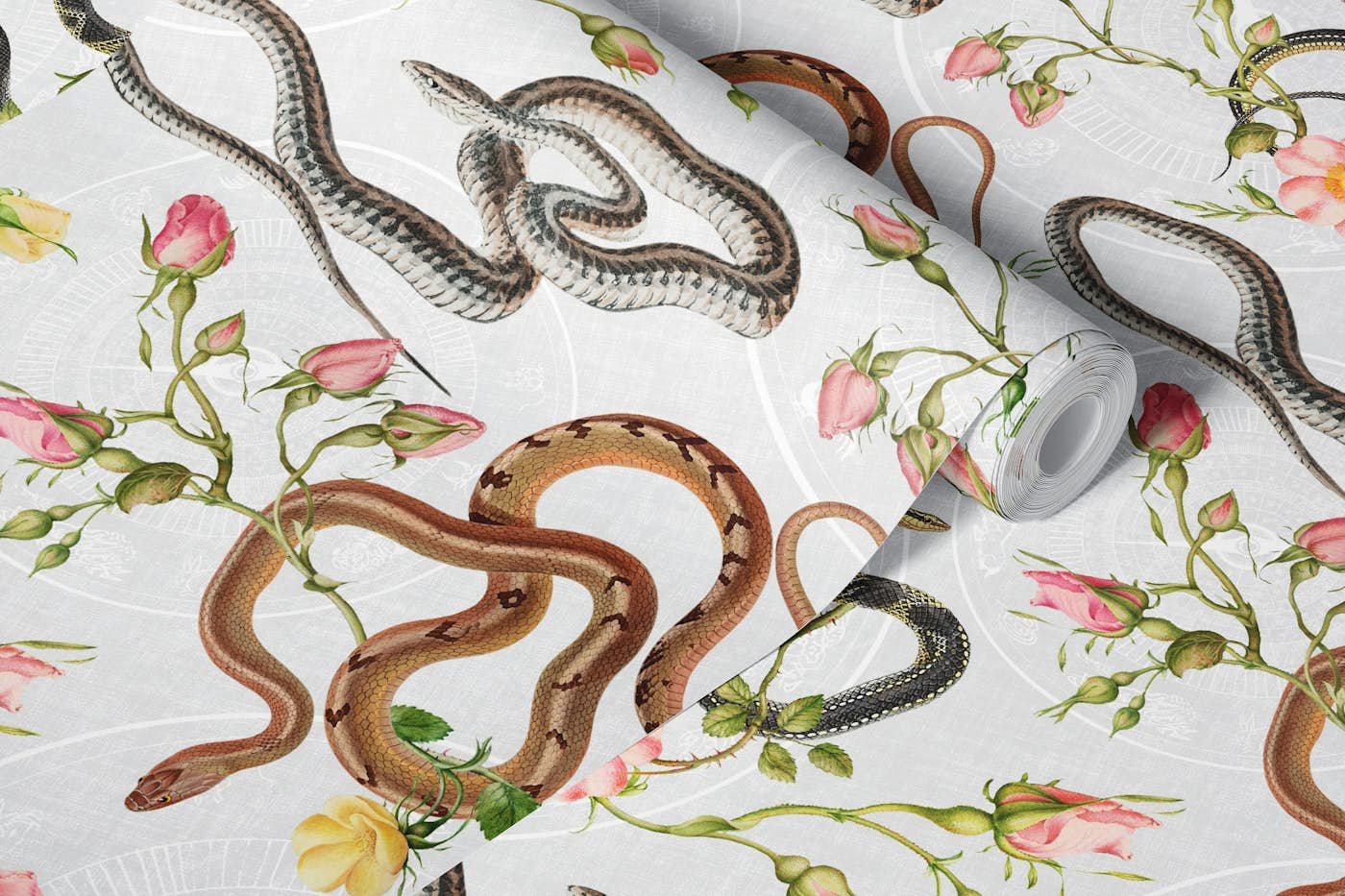 Snakes, roses and chinese calendar in white wallpaper roll