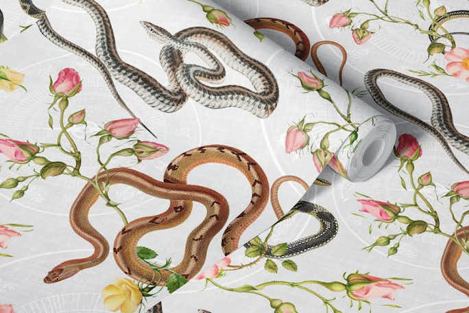 Snakes, roses and chinese calendar in whitewallpaper roll