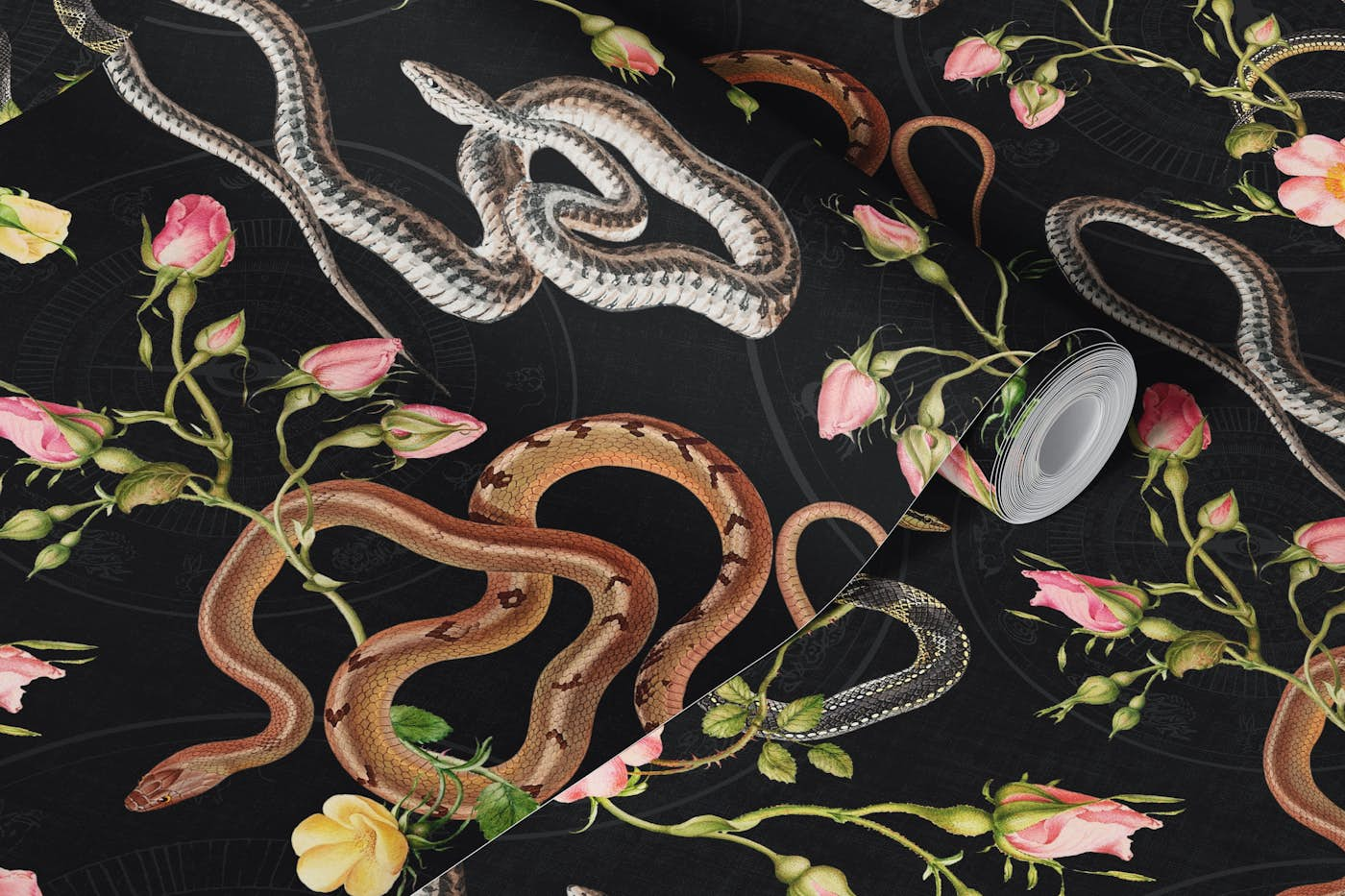 Snakes, roses and chinese calendar in black wallpaper roll