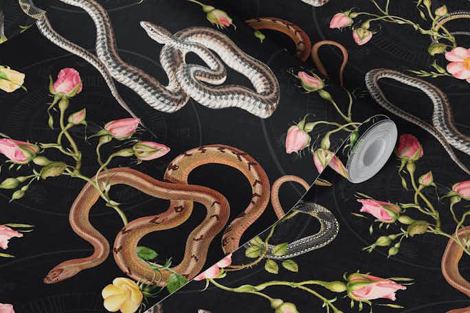 Snakes, roses and chinese calendar in blackwallpaper roll
