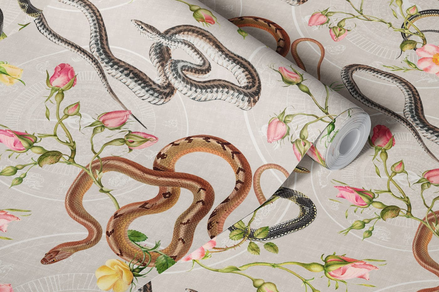 Snakes, roses and chinese calendar in cream wallpaper roll