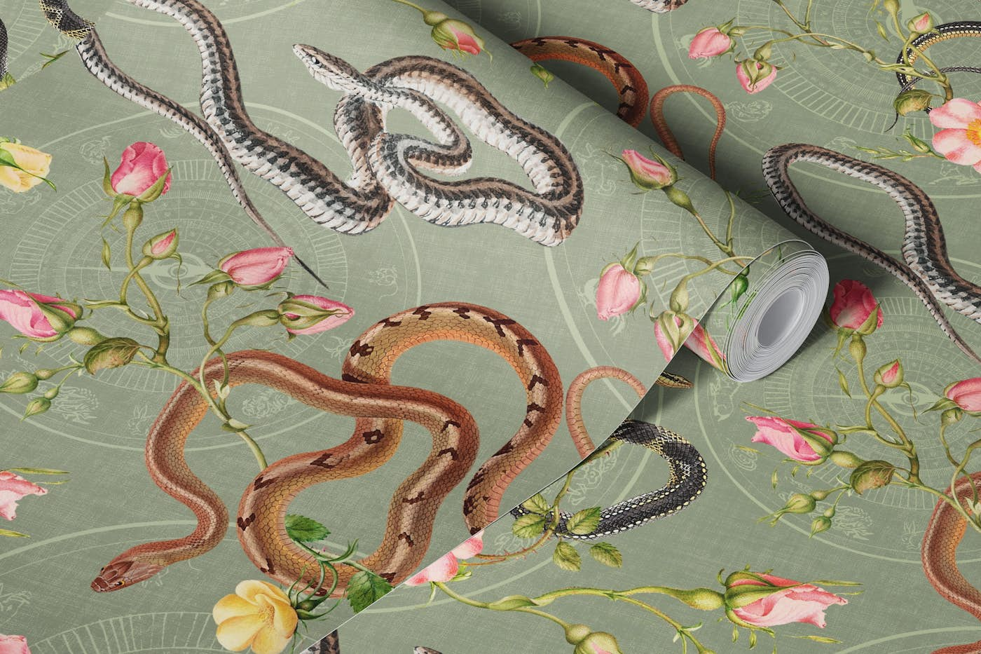 Snakes, roses and chinese calendar in sage wallpaper roll