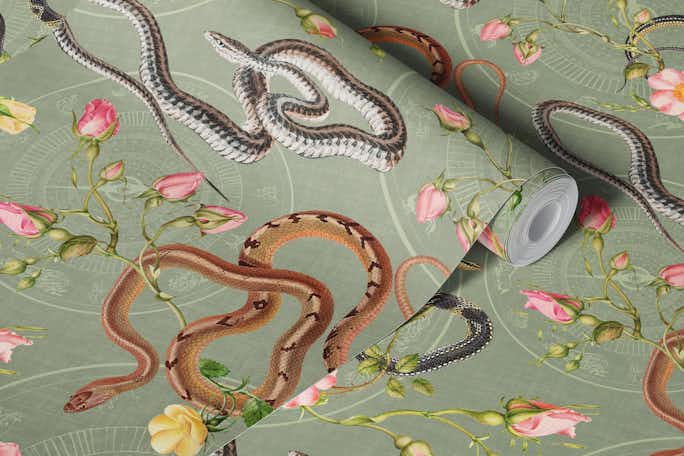 Snakes, roses and chinese calendar in sagewallpaper roll
