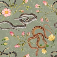 Snakes, roses and chinese calendar in sage behang