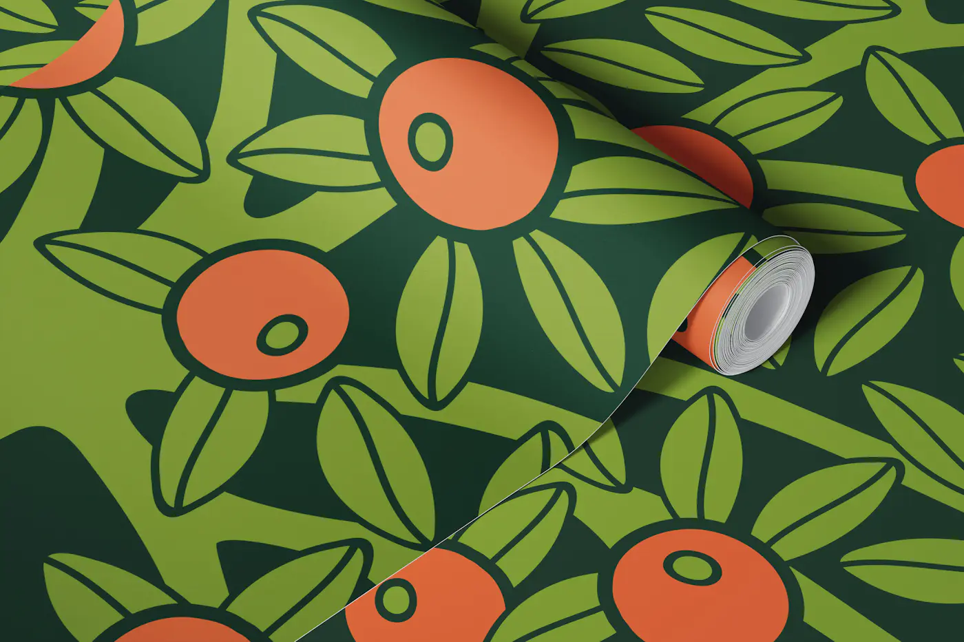 Orangerie Single Fruit Tree - Dark Green wallpaper roll