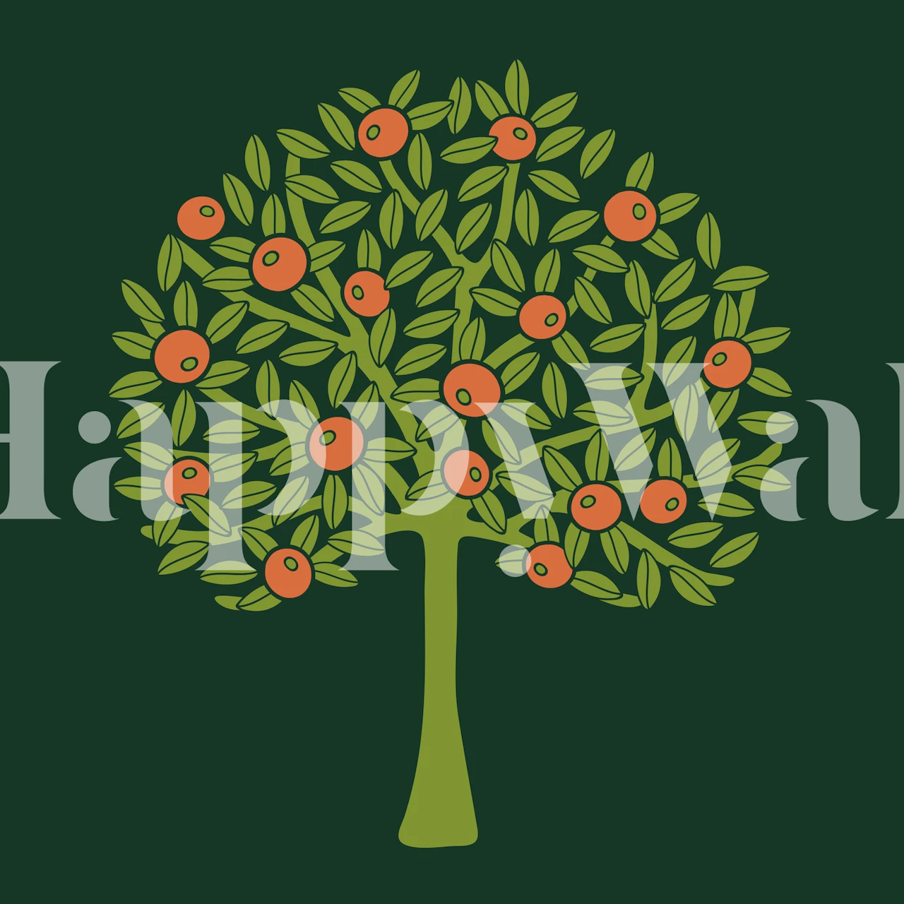 Green fruit tree with orange fruits on dark green wallpaper