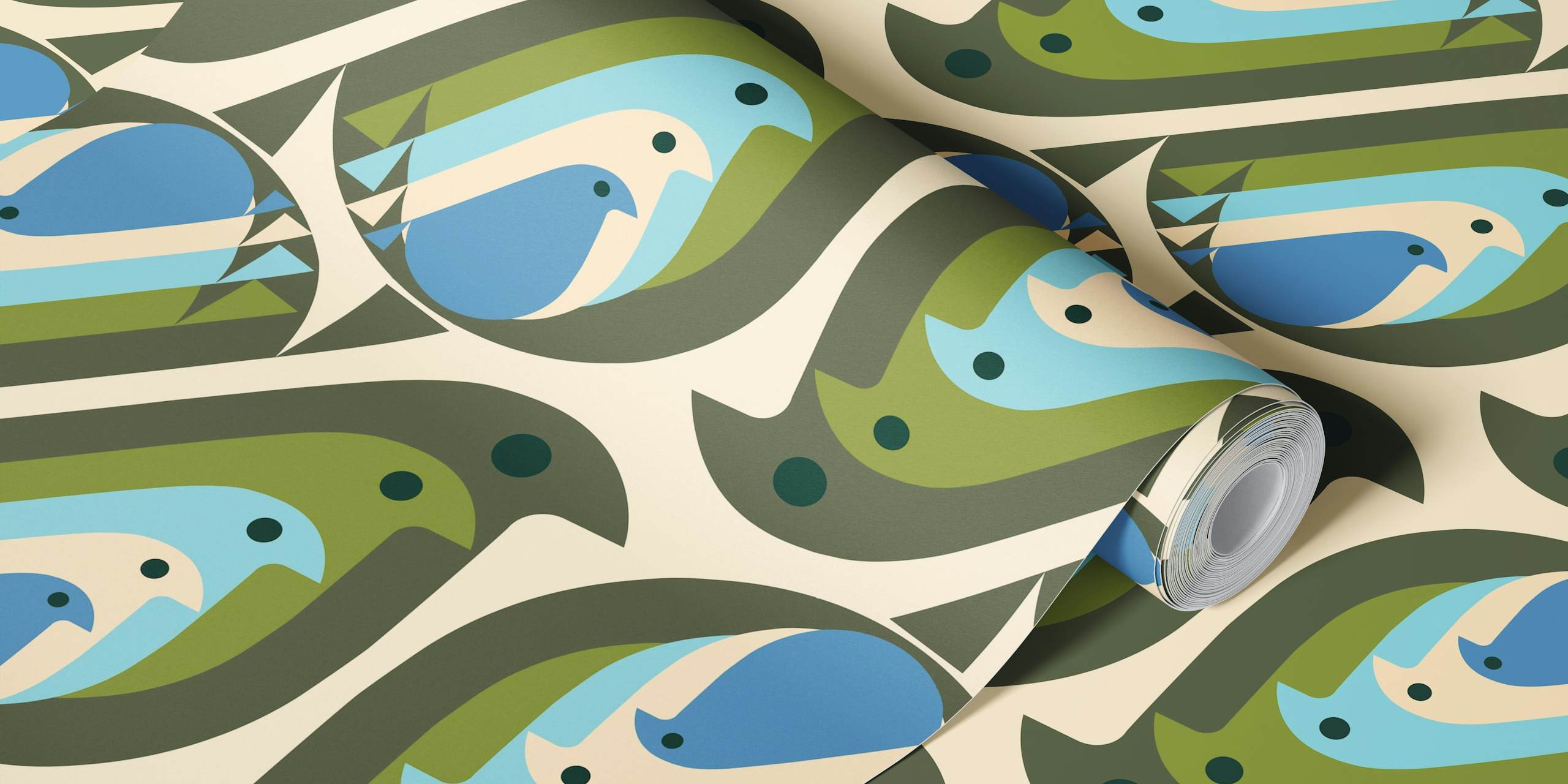 Colorful birds in blue and green patterns on cream wallpaper