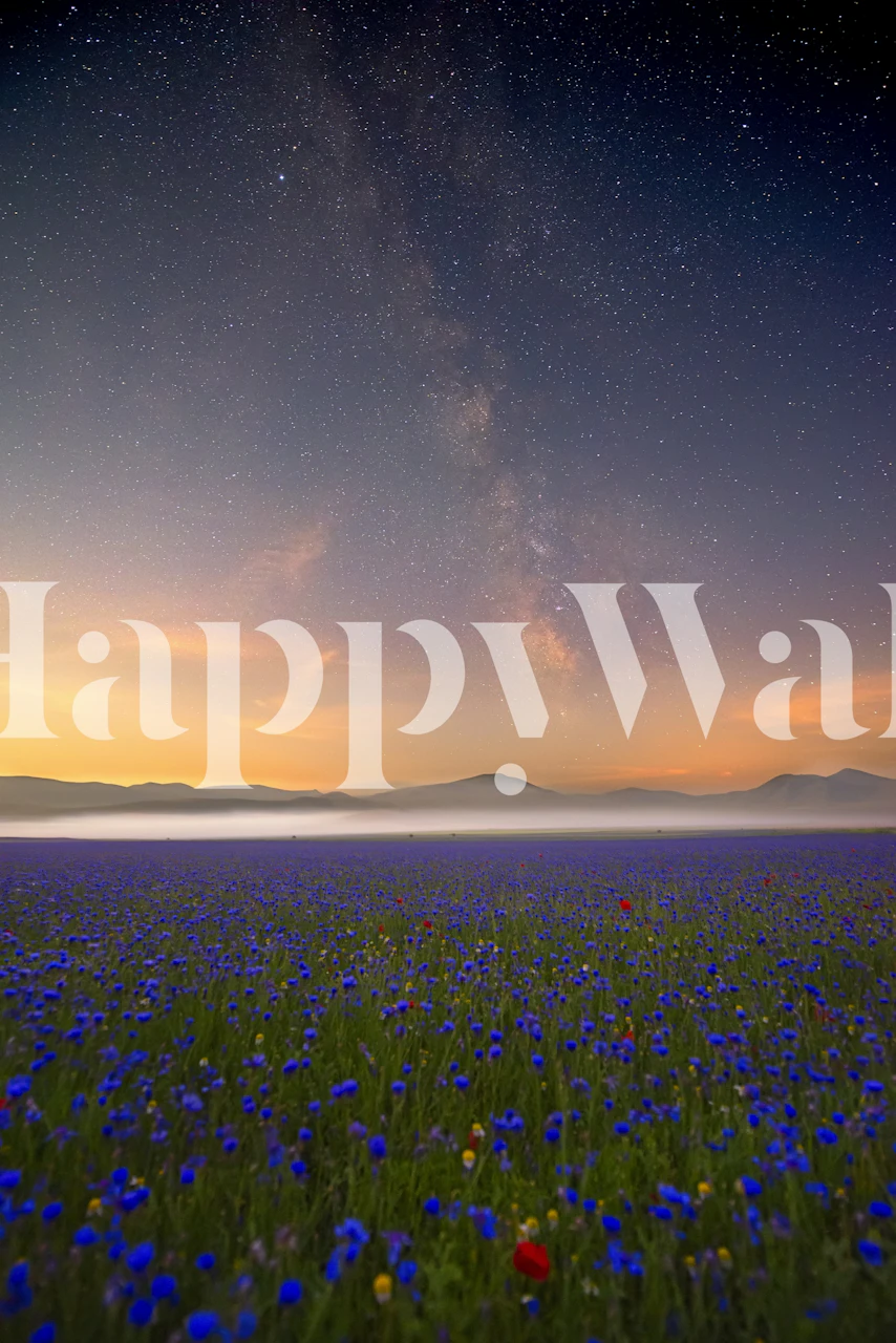 Starry night sky over a field of blue and red flowers wall mural