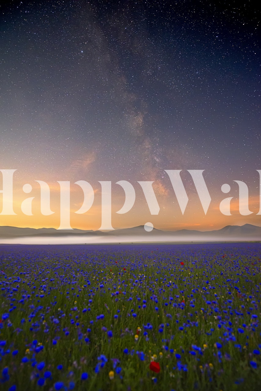Starry night sky over a field of blue and red flowers wall mural