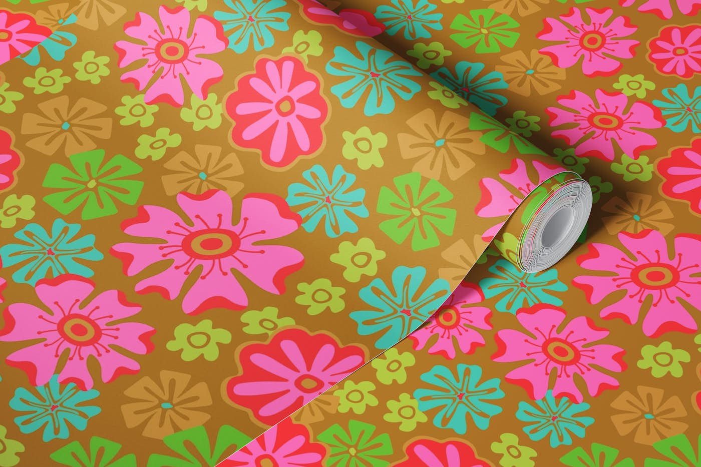 LUSH Tropical Flowers - Pink Green Aqua Brown wallpaper roll