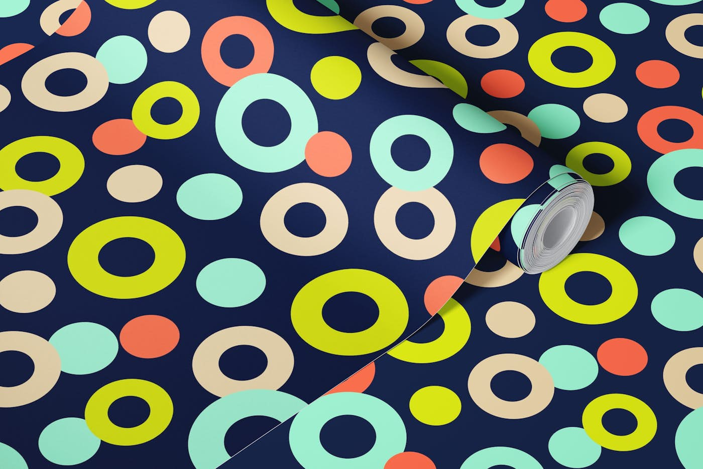 DROPS Polka Dots Rings Geometric - Dark Blue wallpaper roll