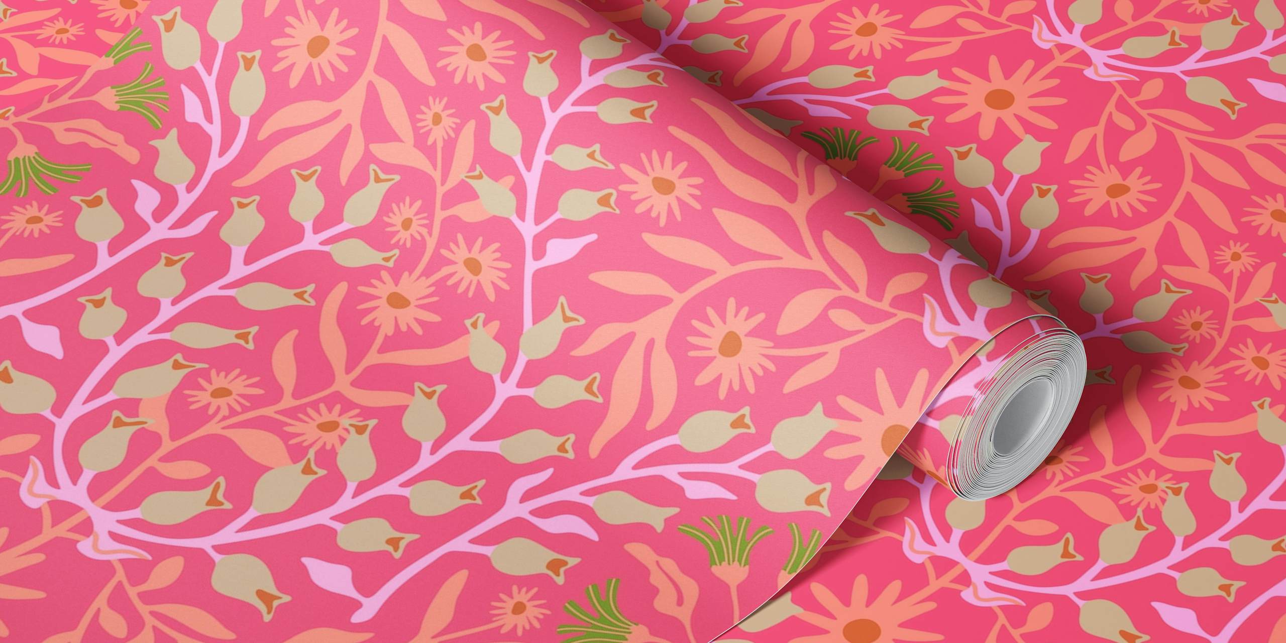 Secesyjna fototapeta z adamaszkiem z kwiatowym ogrodem w odcieniach różu i zieleni