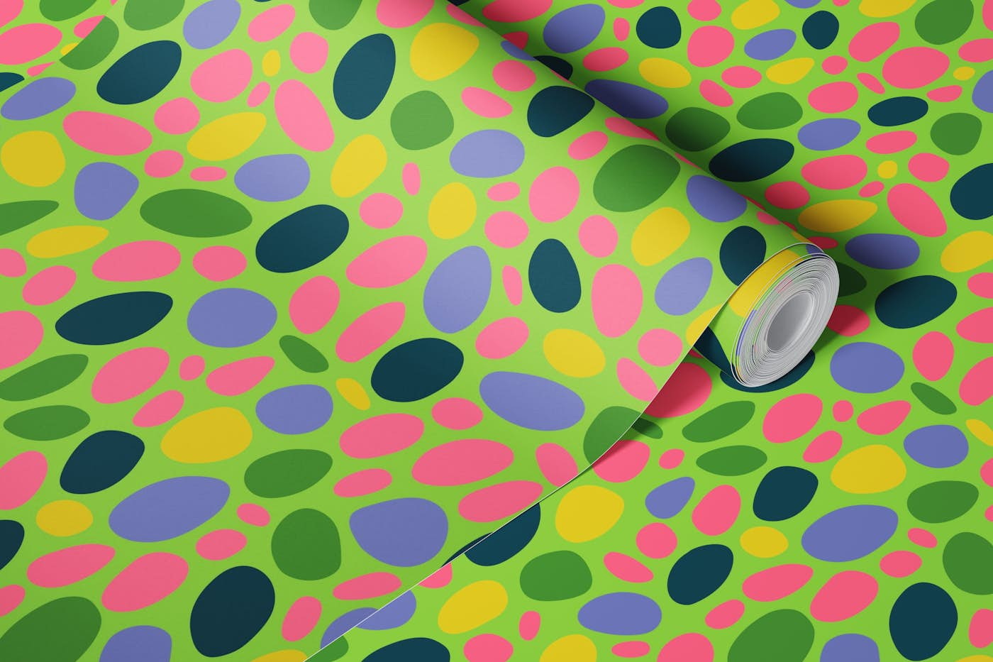 PEBBLY BOTTOM Abstract Retro Pebbles - Lime wallpaper roll