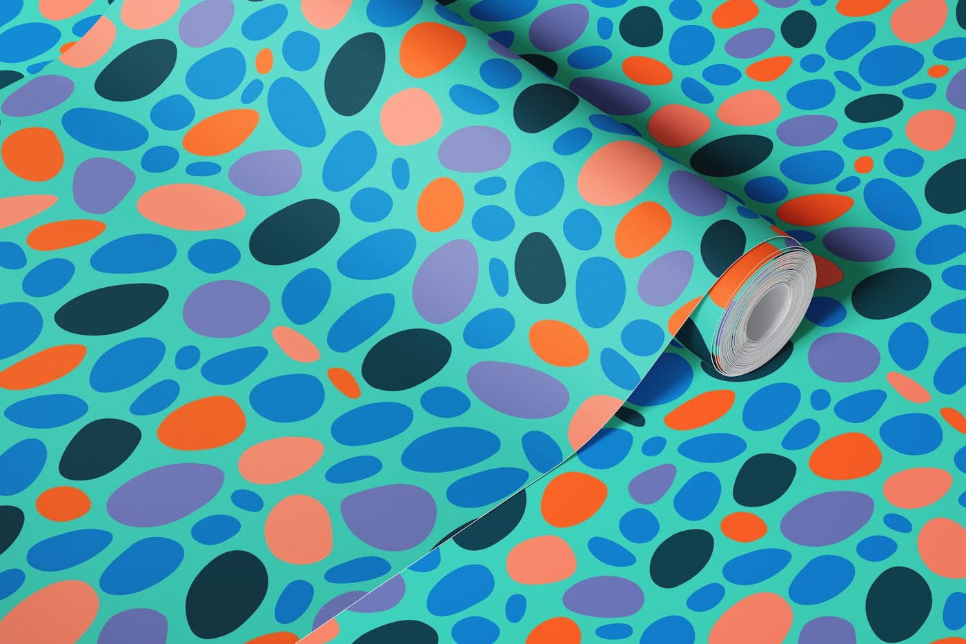 PEBBLY BOTTOM Abstract Retro Pebbles - Aqua wallpaper roll