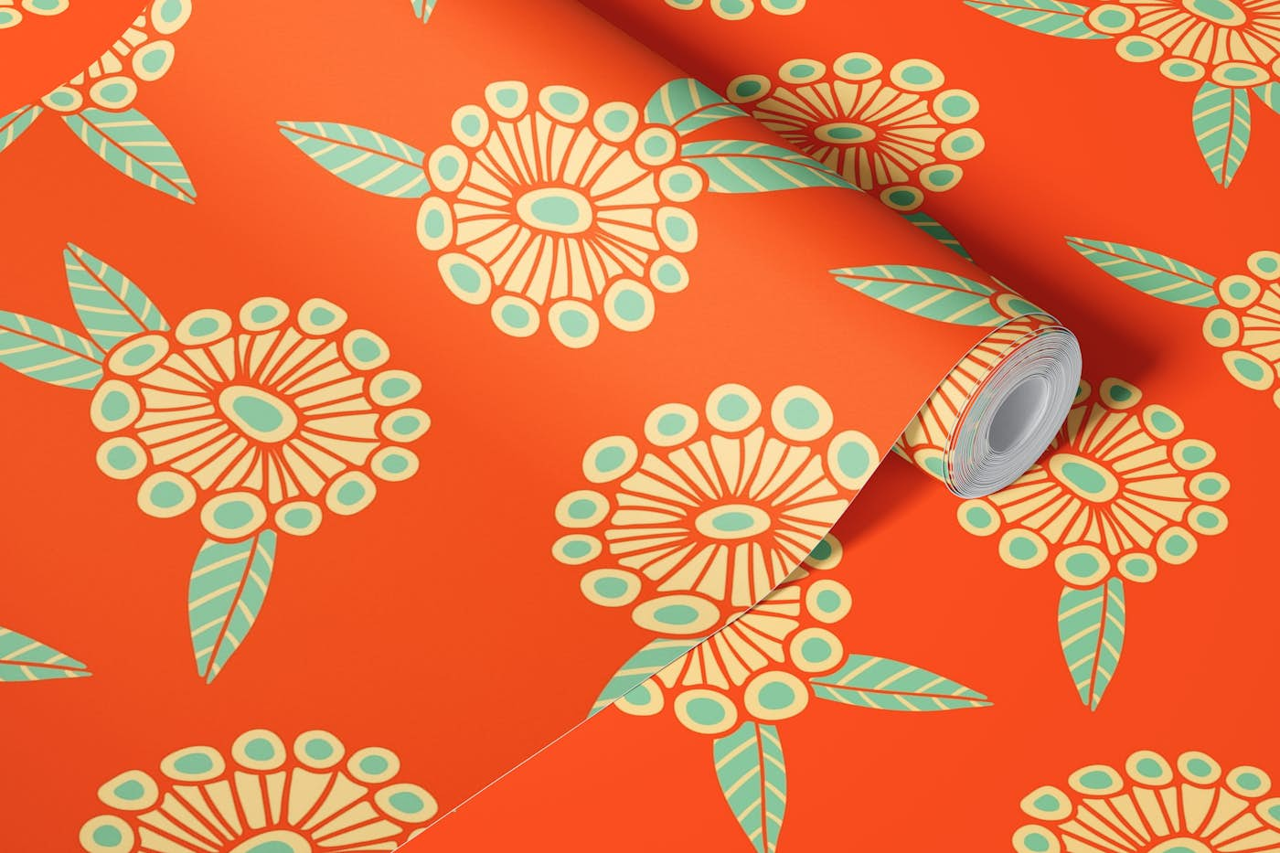 WARM AND SUNNY Bright Orange Retro Floral wallpaper roll