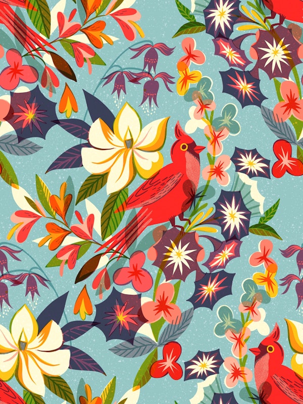 screenprint cardinal with morning glory