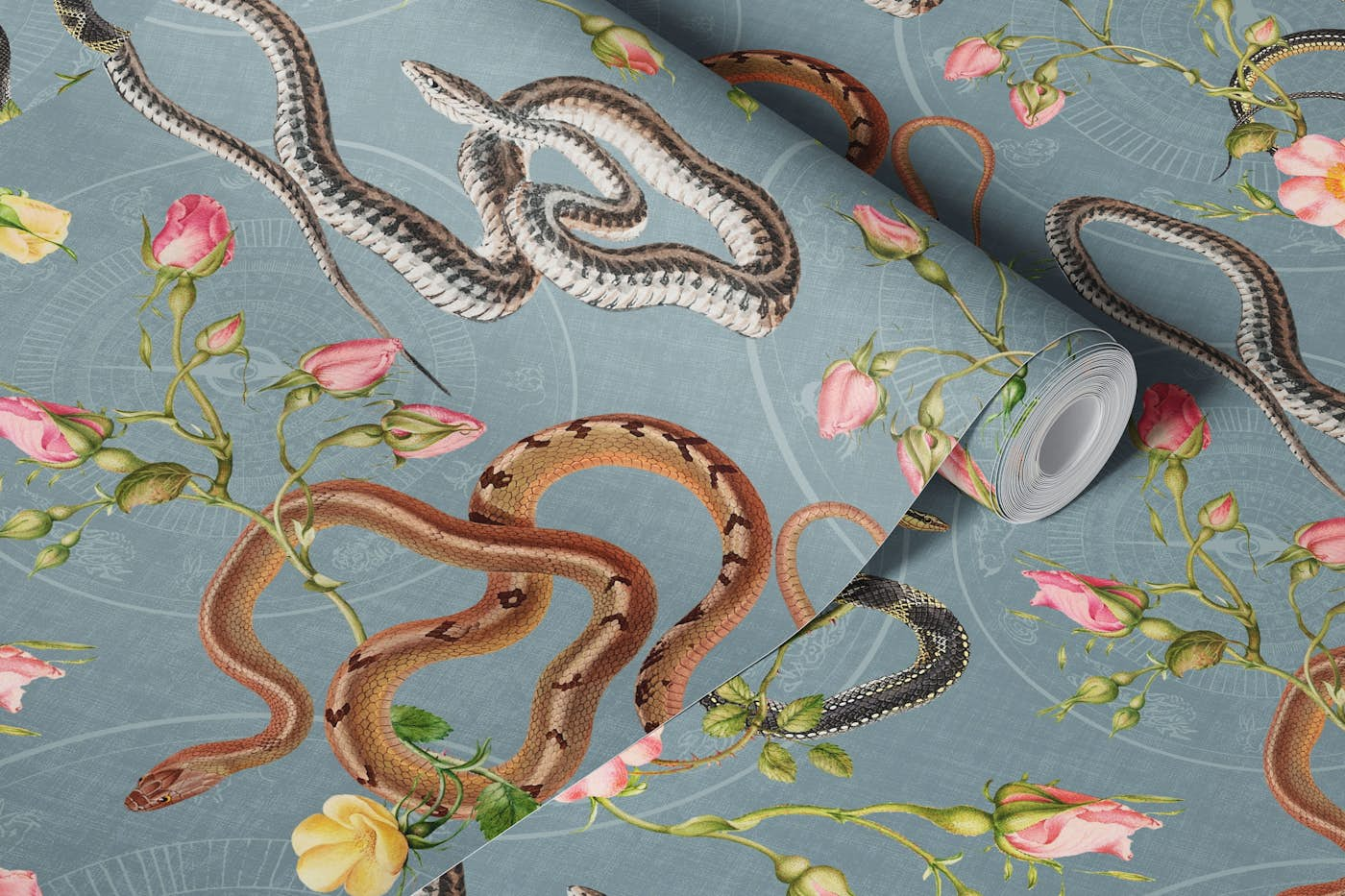 Snakes, roses and chinese calendar in slate wallpaper roll