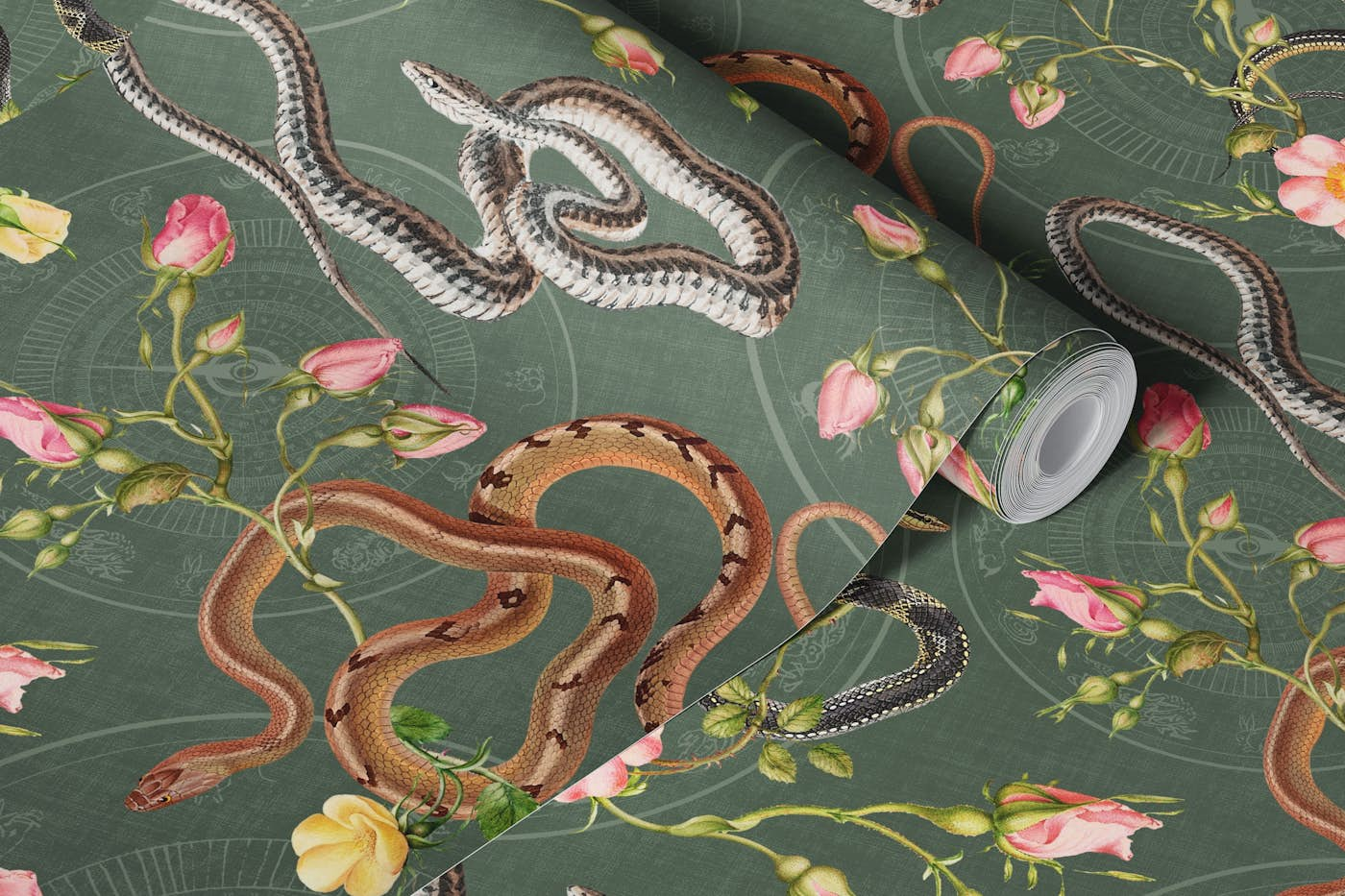 Snakes, roses and chinese calendar in olive wallpaper roll