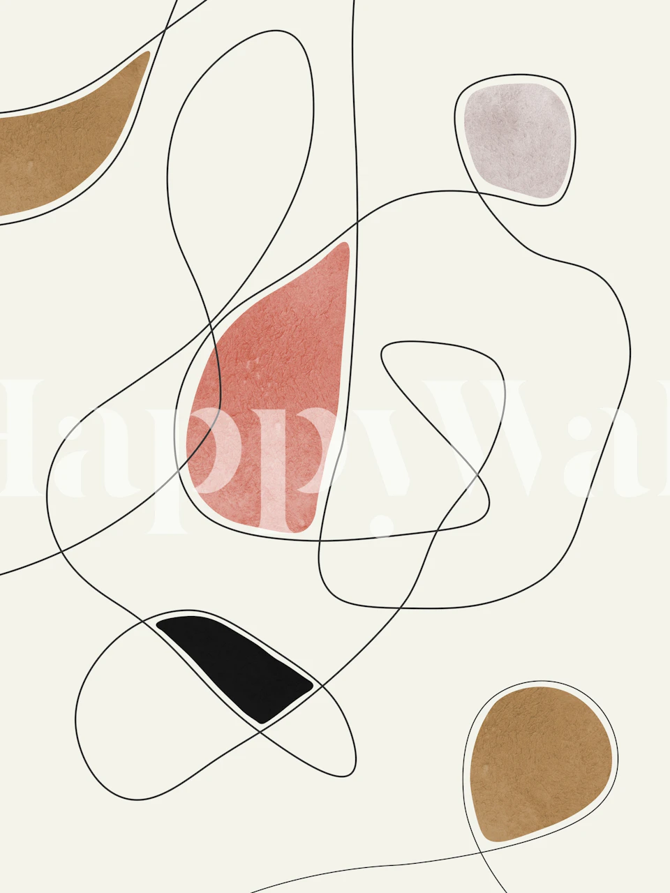 Minimalist abstract wall mural with lines and brushstrokes in muted pink, black, and brown on cream background
