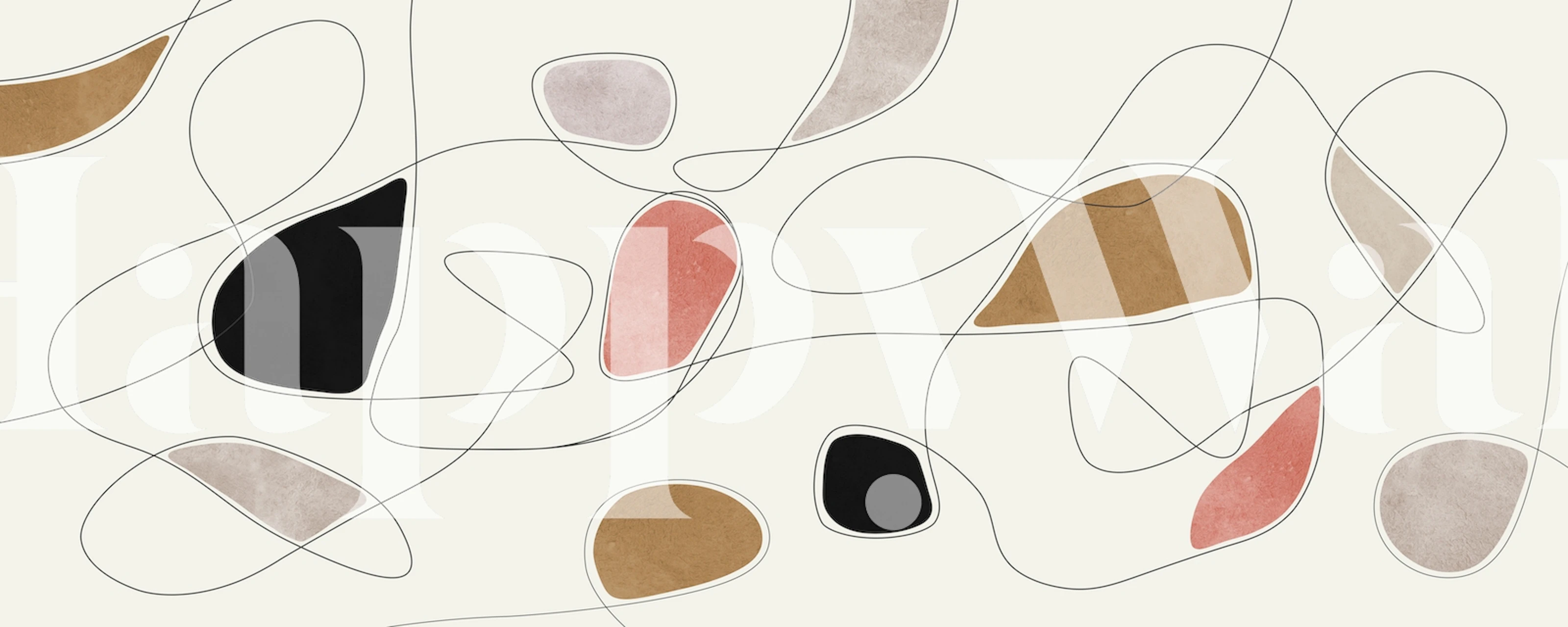 Mural de parede com 3 linhas e pinceladas abstratas em tons neutros e terrosos