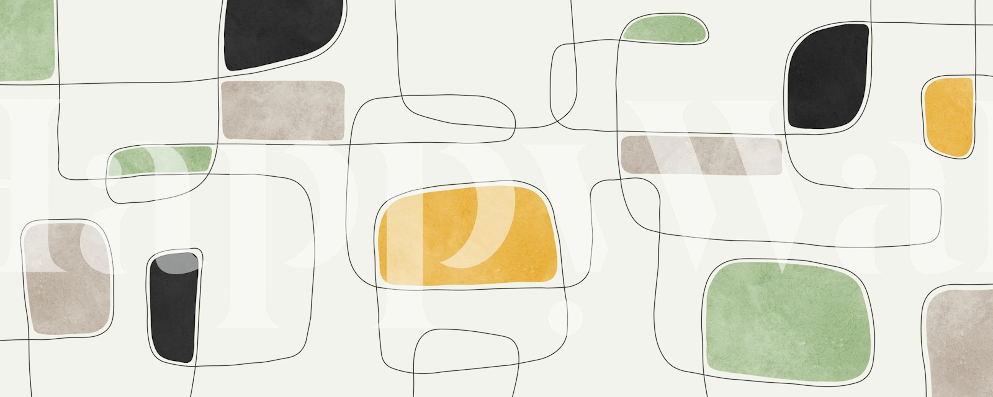 Abstract wall mural featuring hand-drawn lines and brushstrokes in neutral and bold colors